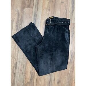 Ken Carson Black Suede Leather Pants Belted Flare Y2K Size 12